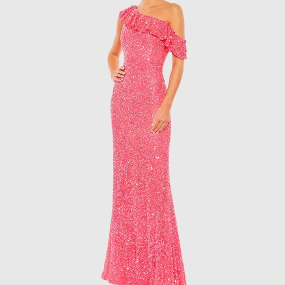 Sequined Drop Shoulder Trumpet Gown Watermelon Pink Sequin Dress - Picture 1 of 10
